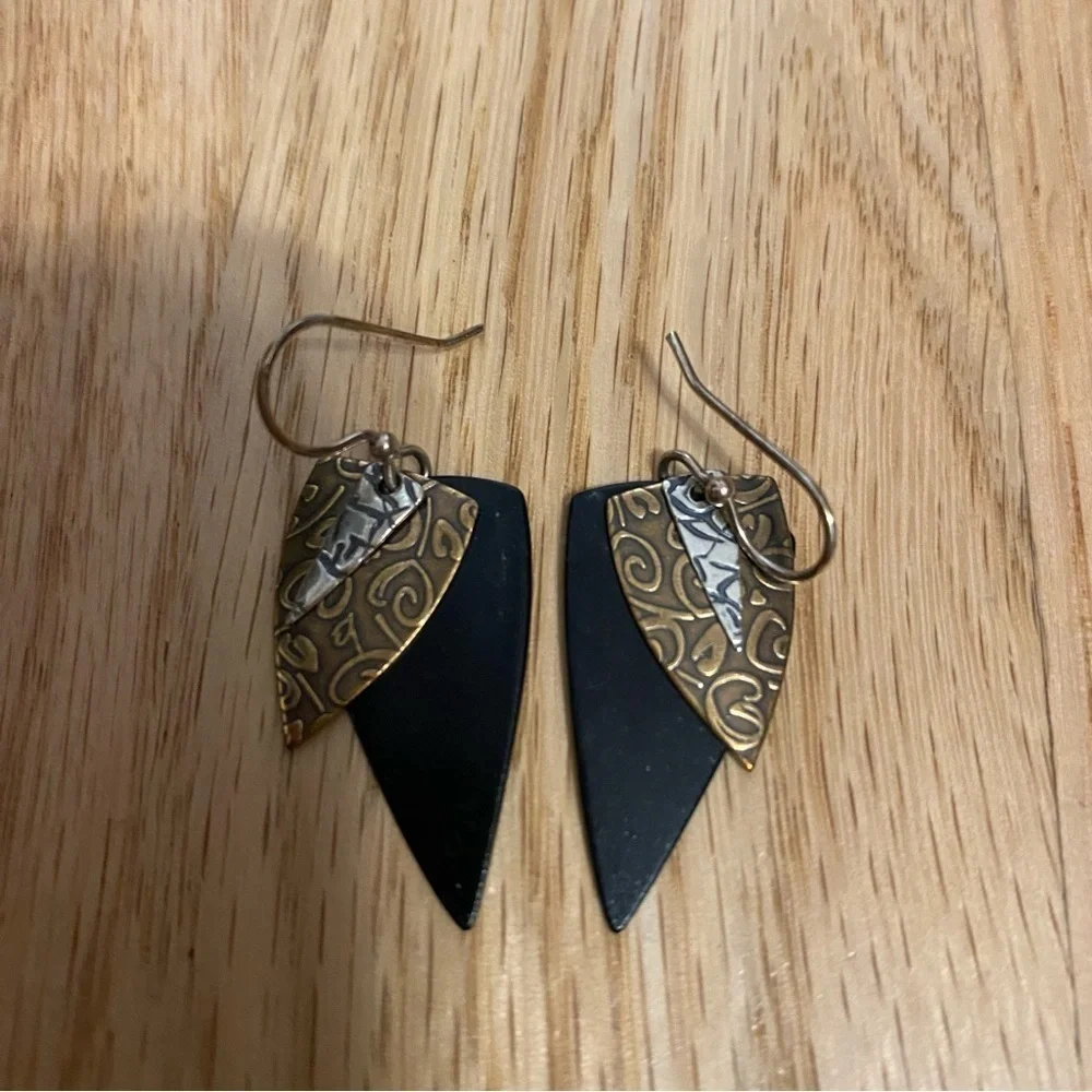 Artisan Hammered layered textured patinated earrings Gold Silver Dangle